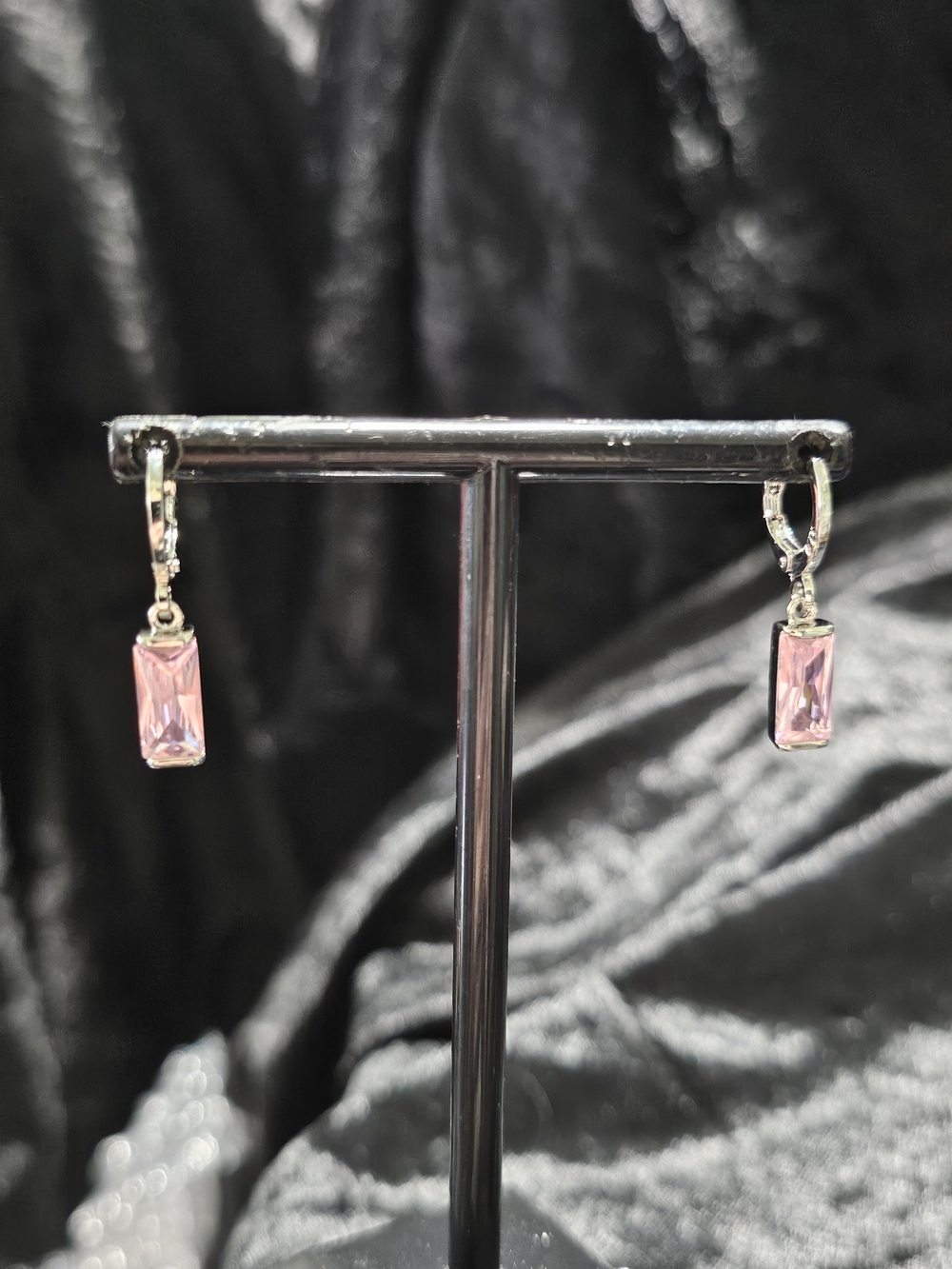 Pink Rectangular Crystal Drop Earrings with Silver-Tone Setting